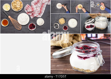 Receta paso a paso no bake cheesecake collage sobre piedra gris Foto de stock