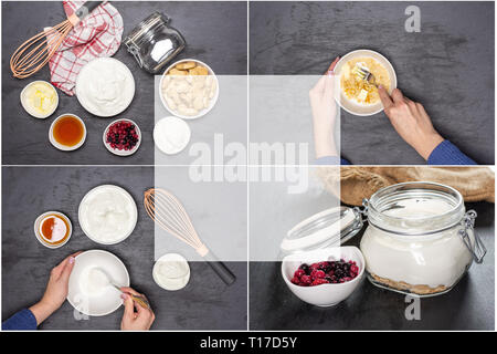 Collage paso a paso receta cheesecake sin cocción en piedra gris Foto de stock