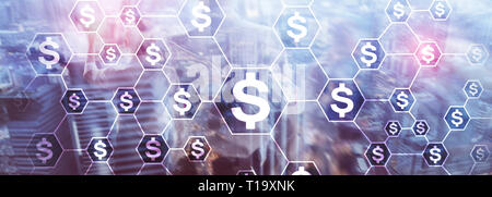 Iconos de dólares, dinero, la estructura de red. ICO, el comercio y la inversión. Crowdfunding.