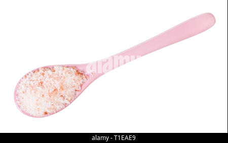 Vista superior de cerámica cuchara con rosa Himalayan Salt aislado sobre fondo blanco. Foto de stock