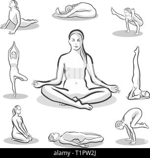 conjunto de posturas de yoga. mujer practicando meditación y estiramiento.  concepto de estilo de vida saludable. ilustración vectorial de dibujos  animados plana. 5995843 Vector en Vecteezy