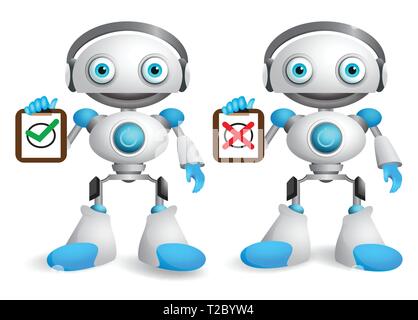 Robot vector conjunto de caracteres. Simpático robotic android sosteniendo una pizarra blanca con signo diferentes signos aislados en blanco. Ilustración vectorial para presente Ilustración del Vector