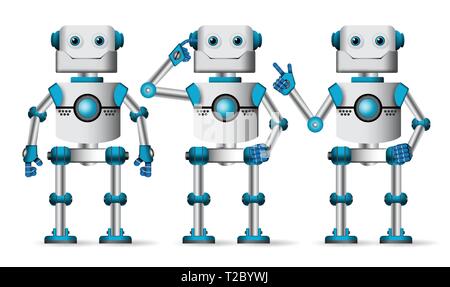 Establecido el vector de caracteres del robot. Mascota robótica en blanco de pie con diferentes gestos de la mano de tecnología elemento de diseño. Ilustración vectorial. Ilustración del Vector