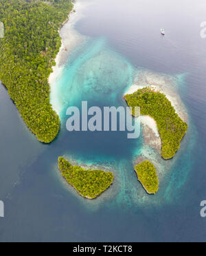 Islas de piedra caliza, rodeada por arrecifes de coral, se encuentran dispersas por toda la Raja Ampat seascape. Esta región es conocida por su biodiversidad marina. Foto de stock