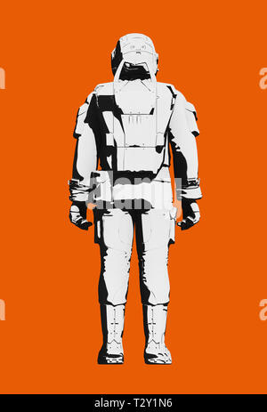 El astronauta traje espacial de actividad extravehicular en Marte o en otro planeta, diseño ergonómico. Blanco y negro sobre fondo naranja. Vista trasera, línea ar Foto de stock