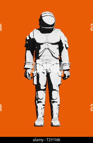El astronauta traje espacial de actividad extravehicular, diseño funcional. Blanco y negro sobre fondo naranja. Vista delantera, línea de representación de arte ilu digital Foto de stock