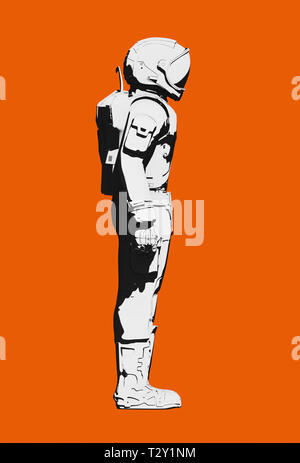 Blanco y negro funcional astronauta actividad extravehicular traje espacial sobre fondo naranja. Vista frontal de cerca, la línea de representación de arte ilustración digital Foto de stock