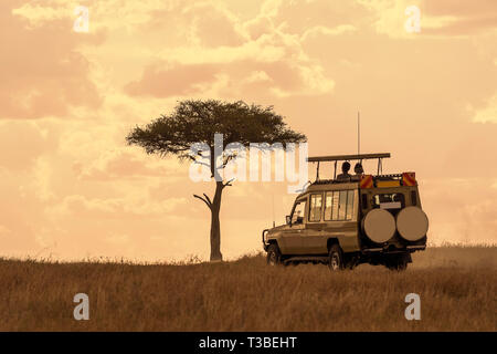 Turista disfrutar de hermosas puestas de sol en Maasai Mara, Kenia Foto de stock