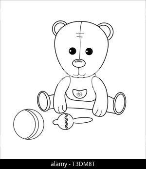 Cute Little Bear personaje con rattle, bola. Página de colorear con juguetes. Vector simple juego para niños. Ilustración lineal preescolares para pasatiempo. Ilustración del Vector
