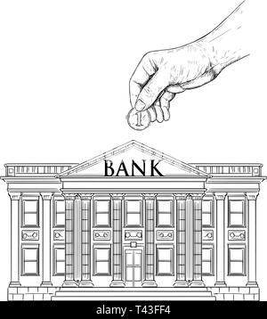 Dibujo en blanco y negro de vectores de la mano puesta en el banco de moneda edificio hucha. La metáfora de la inversión y las finanzas.