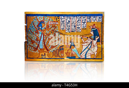 Cuadro Ushabti de planif-es-en-Mut. Caja de madera pintada egipcia del difunto en el panel frontal de un árbol diosa, 1540-1075 BC . Reiche Neues Museum, Berl Foto de stock