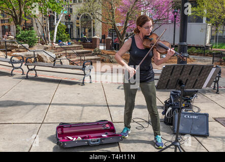 En Asheville, Carolina del Norte, EE.UU-4/11/19: un músico callejero juega un violín (violín) en un centro de Park en un soleado día de primavera temprana. Foto de stock