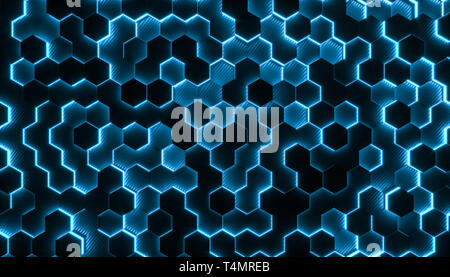 Fondo con geometrías hexagonales geométrica en fibra de carbono y con partes brillantes. Imagen 3D prestados, concepto de estructura moderna y futurista.
