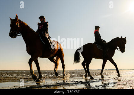 Cuxhaven, Alemania. 20 abr, 2019. Alina (l) y Madeline están al mediodía, con agradable clima y marea baja con sus caballos en las marismas. Crédito: Mohssen Assanimoghaddam/dpa/Alamy Live News Foto de stock