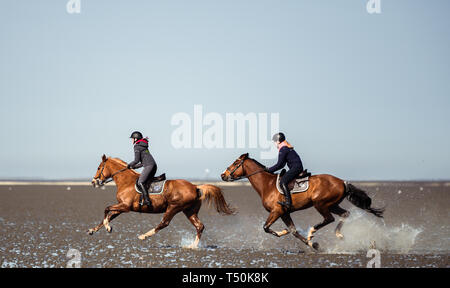 Cuxhaven, Alemania. 20 abr, 2019. Madeline (l) y Alina paseo con sus caballos en las marismas a mediodía cuando el clima es agradable y la marea está baja. Crédito: Mohssen Assanimoghaddam/dpa/Alamy Live News Foto de stock