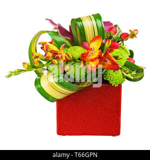 Bouquet de orquídeas en jarrón rojo aislado en blanco Foto de stock