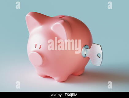 Banco piggy con clave, renderizado en 3d Foto de stock