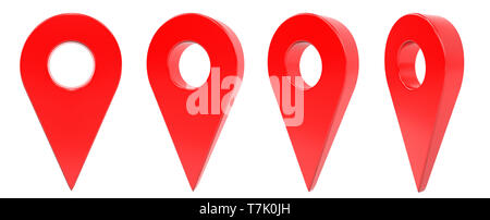 Ilustración 3d: conjunto de cuatro gps mapa rojo puntero símbolo aislado sobre fondo blanco. Foto de stock