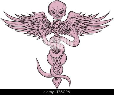 Ilustración estilo boceto de dibujo de un cráneo humano con dos serpientes entrelazadas en columna vertebral con alas que representa la vara de Asclepio . Ilustración del Vector
