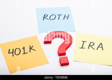 Signo de interrogación con texto de 401K, y Roth IRA Foto de stock