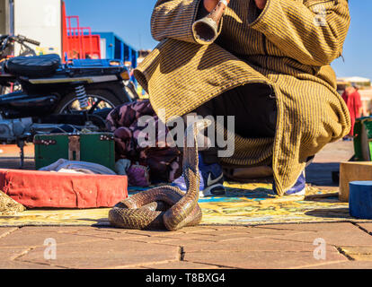 Encantador de serpientes toca música para su cobra en la plaza de Jemaa-el-Fnaa en Marrakech Foto de stock