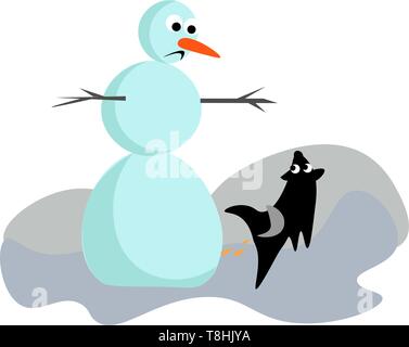 Un muñeco de nieve con tres bolas de diferentes tamaños, decoradas con cuatro botones púrpura circular, tiene dos ojos pestañas, y una zanahoria para el th Imagen Vector de