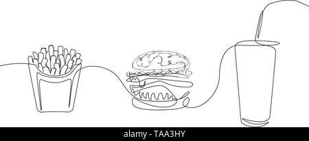 Dibujo de una línea continua de fastfood papas fritas, hamburguesas y un vaso de gaseosa Ilustración del Vector