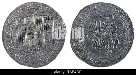 Antigua moneda de plata española de los reyes Fernando e Isabel. Reyes Católicos. Acuñado en Toledo. Real.