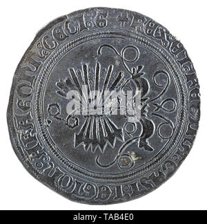 Antigua moneda de plata española de los reyes Fernando e Isabel. Reyes Católicos. Acuñado en Toledo. Real. Retroceso.