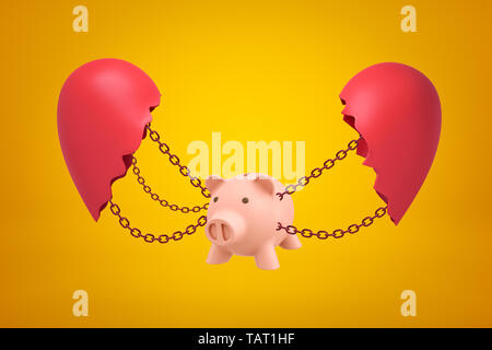 Representación 3D de rosa hucha suspendida de cadenas entre dos piezas de corazón roto sobre fondo amarillo. Foto de stock
