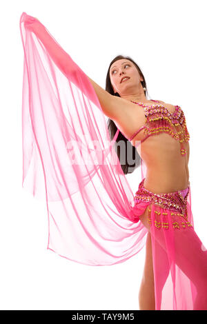 Bella bailarina de danza del vientre en traje rojo celebración velo,  aislado Fotografía de stock - Alamy