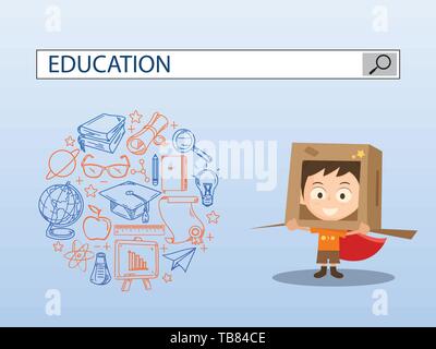 Niño travieso con educación search engine bar diseño ilustración vectorial. Ilustración del Vector