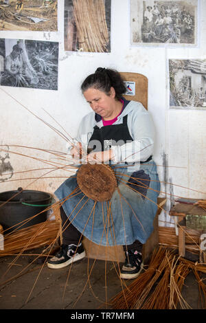 Camacha, Madeira, Portugal - Abril 19, 2018: Una cesta weaver en el trabajo en la fábrica tienda en Camacha en la isla de Madeira, Portugal Foto de stock