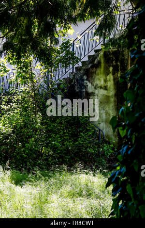 Vista de una primavera abandonado jardín que rodea la casa, un hombre muerto, Lyon, Francia.