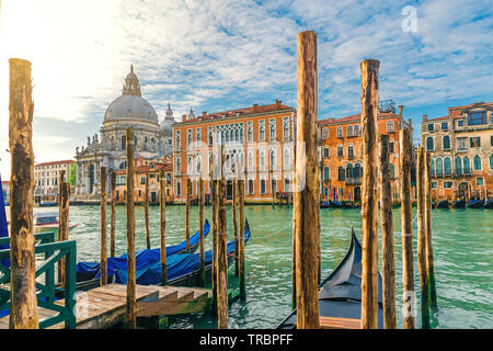 Vista del Gran Canal y la Basílica de Santa Maria della Salute durante el amanecer con góndolas, Venecia, Italia, Europa