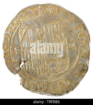 Antigua moneda de plata española de los reyes Fernando e Isabel. Reyes Católicos. Acuñado en Sevilla. 4 reales. Anverso.