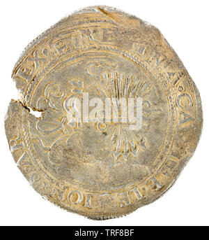 Antigua moneda de plata española de los reyes Fernando e Isabel. Reyes Católicos. Acuñado en Sevilla. 4 reales. Retroceso.