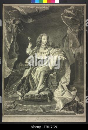Luis XV, rey de Francia, grabado en cobre / grabado por Pierre Drevet basado en una pintura de Hyacinthe Rigaud, Additional-Rights-Clearance-Info-Not-Available Foto de stock