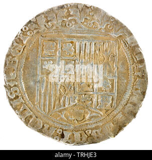 Antigua moneda de plata española de los reyes Fernando e Isabel. Reyes Católicos. Acuñado en Burgos. Real. Anverso.