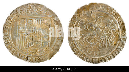 Antigua moneda de plata española de los reyes Fernando e Isabel. Reyes Católicos. Acuñado en Burgos. Real.