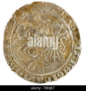 Antigua moneda de plata española de los reyes Fernando e Isabel. Reyes Católicos. Acuñado en Burgos. Real. Retroceso.