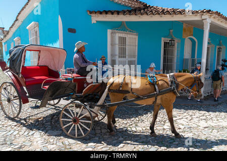 Caballos de conducción a través de la Plaza Mayor, la plaza de la UNESCO, la ciudad de Trinidad, Provincia de Sancti Spiritus, Cuba,Caribe