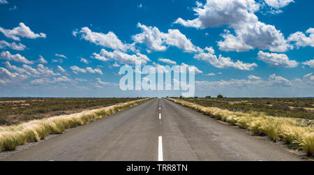 Imagen vibrante de la carretera del desierto y el azul cielo nublado