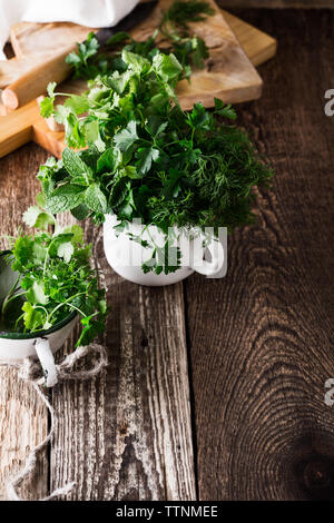 Fresh homegrown organic mint, eneldo, perejil, cilantro, hierbas aromáticas y culinarias. Planta en blanco mug rural sobre la mesa de madera, el hogar de cerca de jardinería