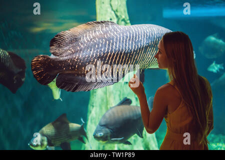Joven toca una pastinaca pez en un oceanario túnel Foto de stock