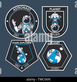 conjunto de insignias espaciales, parches, emblemas, insignias y etiquetas.  exploración de galaxias y diseño de vectores de misiones de astronautas.  6901198 Vector en Vecteezy