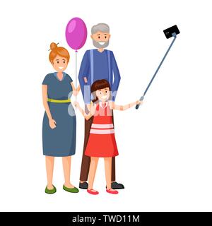 Niña con abuelos ilustración vectorial. Nieta con balón, el abuelo y la abuela de personajes de dibujos animados. Las personas felices tomando selfie juntos, relación familiar diseño plano Ilustración del Vector