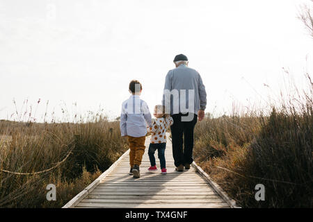 Vista posterior del abuelo y nietos paseando de la mano en el Boardwalk Foto de stock