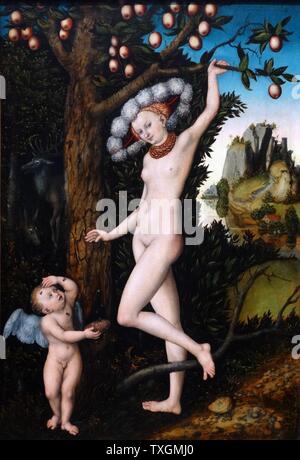 Pintura titulada 'Cupido quejándose a Venus" de Lucas Cranach (1472-1553), un pintor y grabador renacentista alemán en xilografía y grabado. Fecha del siglo XVI. Foto de stock