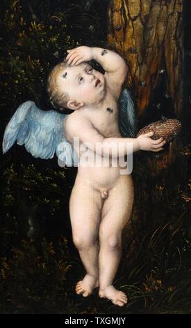 Detalle de la pintura titulada 'Cupido quejándose a Venus" de Lucas Cranach (1472-1553), un pintor y grabador renacentista alemán en xilografía y grabado. Fecha del siglo XVI. Foto de stock